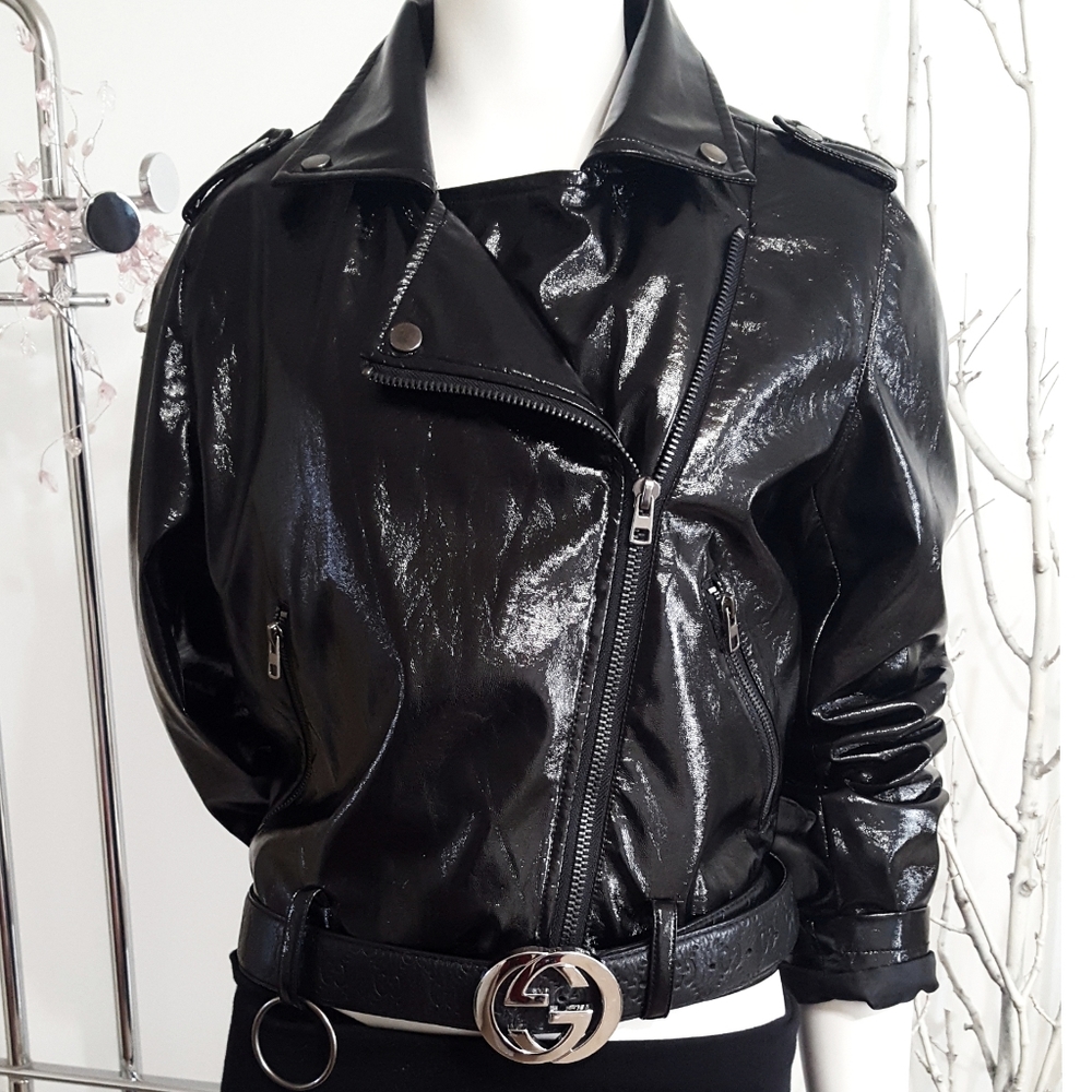 Y2K Forever 21🌺Water Resistant Shiny Black Bomber Jacket /Rain Coat